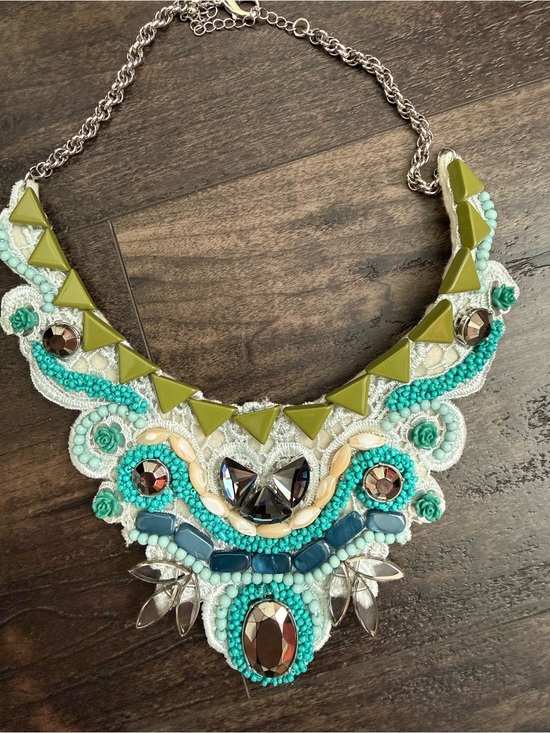 Jewelry - Statement Bib Necklace Beaded Rhinestone Lace Collar Turquoise Boho Festival Y2K